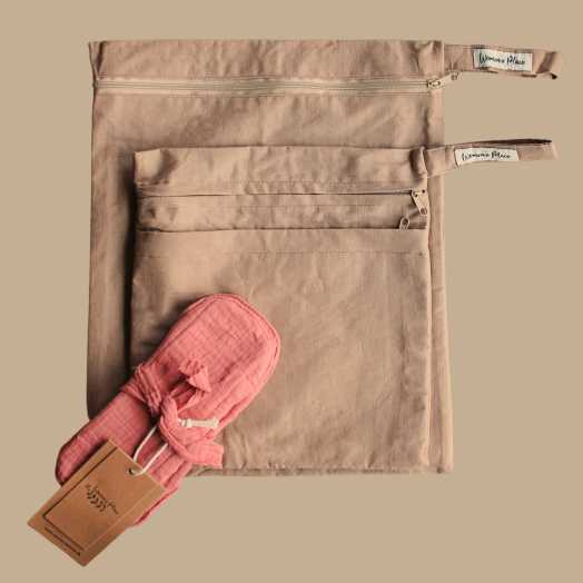 Wet/drybag til bind i beige bomuldslærred med to rum