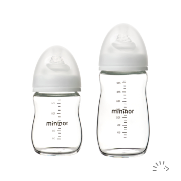 Mininor sutteflaske i glas og silikone - vælg størrelse