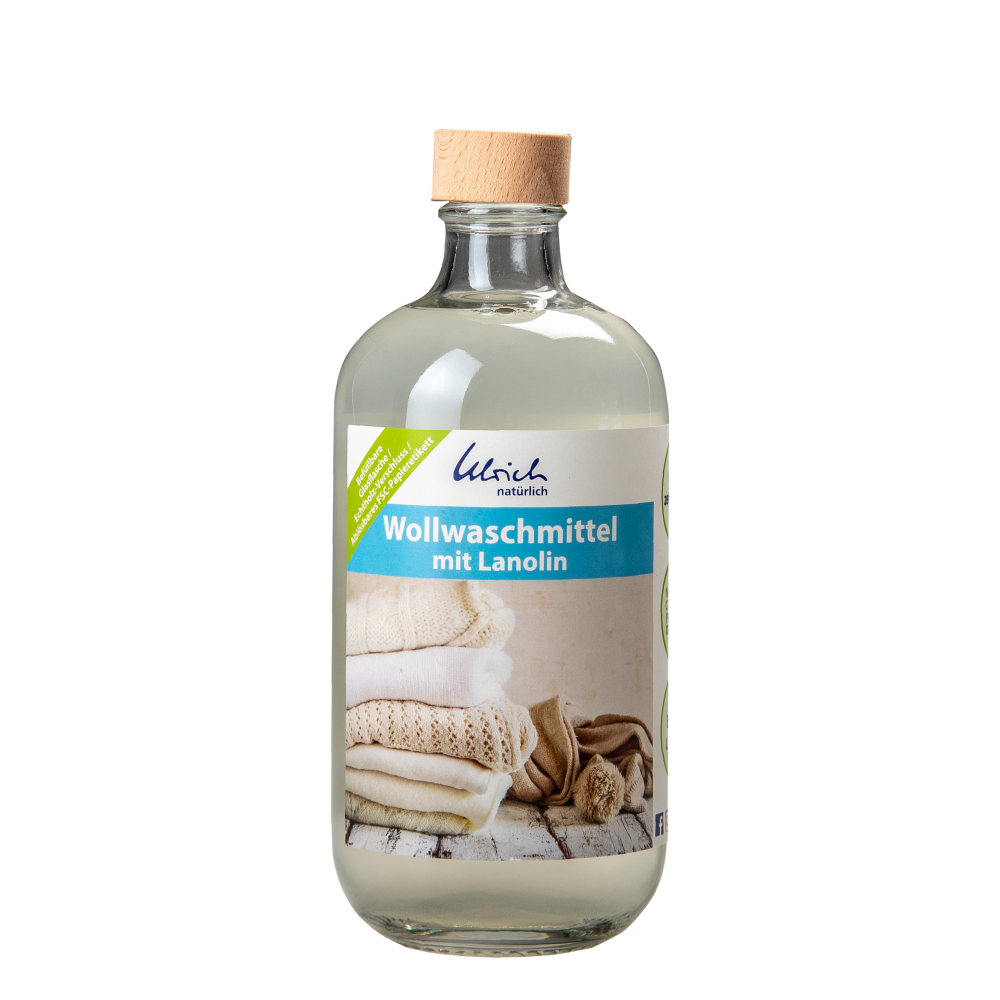 Se Ulrich Natürlich vaskemiddel til til uld med lanolin - 500 ml - glasflaske - økologisk hos Ko og Ko